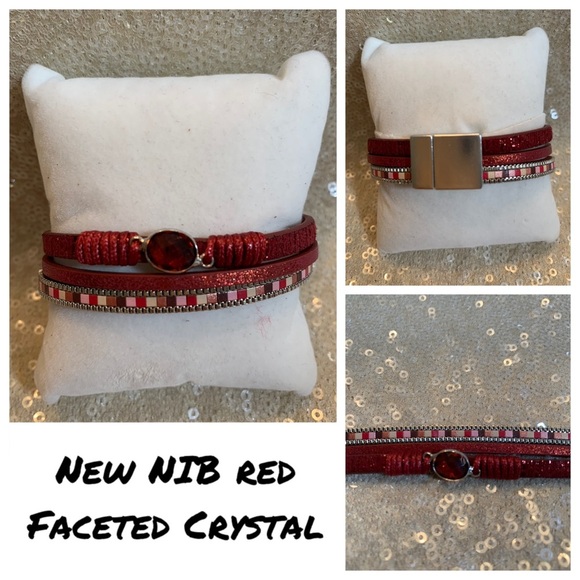 New NIB dark red & silver wrap bracelet with faceted faux crystal - Picture 1 of 6